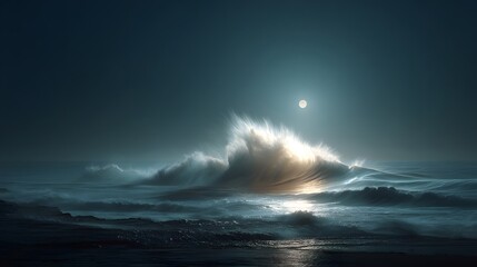 Surreal Ocean Waves at Night with Full Moon Illuminating Surface