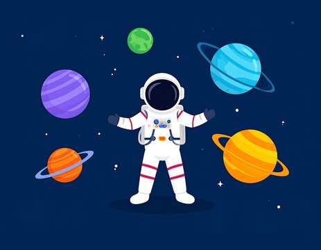 A cartoon astronaut floats in space, arms outstretched, surrounded by colorful planets and twinkling stars against a deep blue backdrop - Powered by Adobe