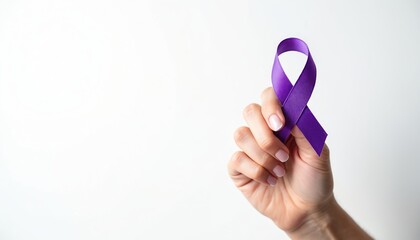 Lady holds purple ribbon on white. Sign numerous causes. Hand shows symbol of fight against cancer alzheimer epilepsy testicular violence. Month of cancer awareness concept. Social initiative for
