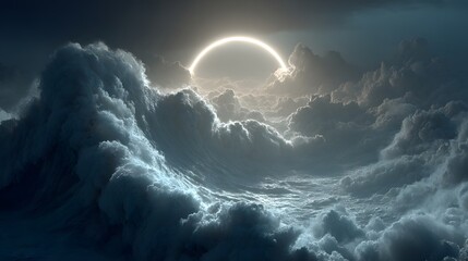 Dramatic Seascape with Waves and Ethereal Glow of Rising Sun