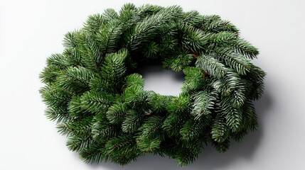 Evergreen holiday decoration crafted from dense fir branches rests against a plain background