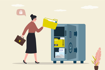 Strongbox with various media content. Concept of internet hosting, online service for file management and digital information storage, female user putting folder into safe.