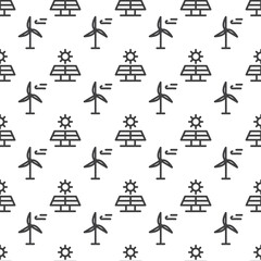 Seamless pattern with ecology related elements. Texture with alternative energy. Wallpaper template with wind and solar energy. Energy efficiency icons.