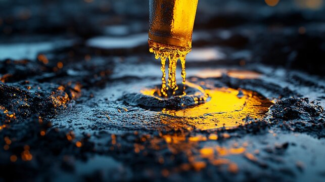 A striking close-up capturing the viscous flow of crude oil as it's extracted, with the dark earth contrasting against the golden liquid. This scene illustrates energy, resources, and industry.