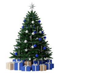 hyper-detailed christmas tree with blue and silver ornaments and gifts, studio product shot on transparent background, ideal for copy space. concept of sophisticated festive marketing