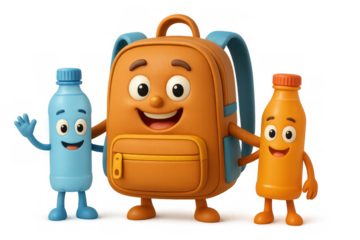 School backpack character smiling with bottle friends, showing education, learning, and childhood fun on transparent background