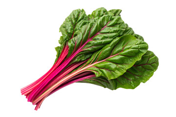 High-quality studio product shot of vibrant fresh Swiss chard, featuring lush green leaves and striking red stems, perfect for healthy culinary content