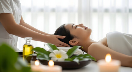 Relaxed woman receives soothing head massage in a tranquil spa setting