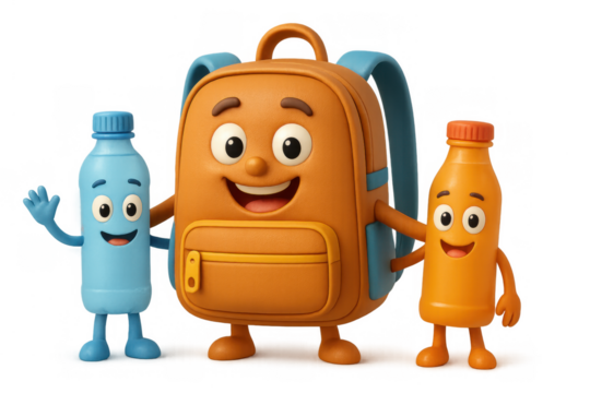 School backpack character smiling with bottle friends, showing education, learning, and childhood fun on transparent background