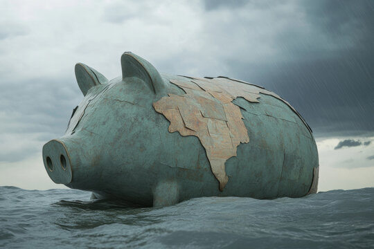 Piggy bank sinking in water, concept of financial crisis and economic downturn. A distressed piggy bank floats in the ocean, symbolizing economic instability and financial loss.