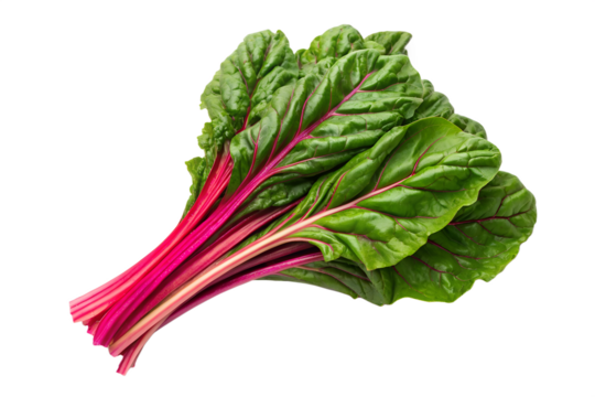 High-quality studio product shot of vibrant fresh Swiss chard, featuring lush green leaves and striking red stems, perfect for healthy culinary content