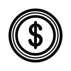 Black and white dollar coin icon for finance and economic transactions, isolated on
