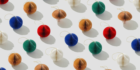 Minimal stylish banner of colorful honeycomb paper Christmas ornaments, Holiday trend pattern, winter seasonal festive decor as ball, xmas fir tree, fungus. Happy holidays, Merry Christmas concept