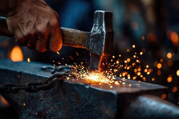 Blacksmith Hammering Heated Metal in Workshop