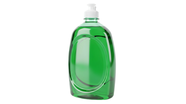 Realistic rendering of a transparent liquid soap dispenser with green contents on a black background