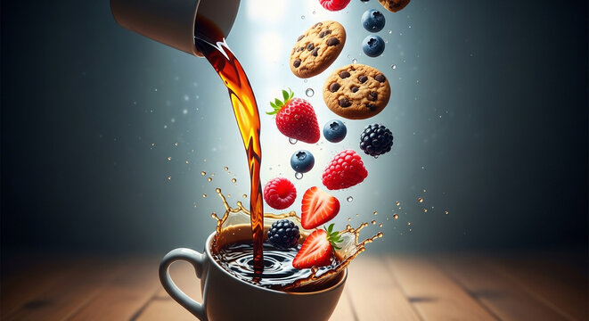Pouring coffee with sweet berries and cookies creates a delicious and vibrant breakfast scene perfect for food blogs and morning lifestyle imagery