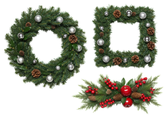a flat lay collection of detailed christmas wreaths, foliage, silver baubles, pinecones, and a glossy red apple, isolated on a transparent background with copy space. luxurious festive design concept