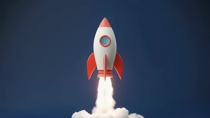 Cartoon rocket launching upward emitting white puffy smoke against dark blue background representing start up and beginning new adventure