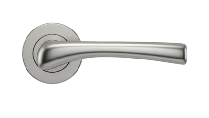 Close-up of a brushed metal door handle, curved lever, round base, isolated on black