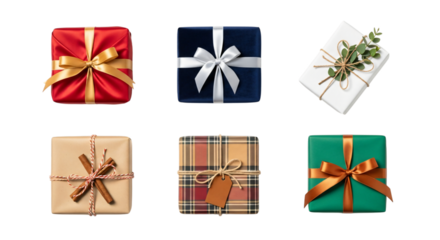 Six beautifully wrapped gift boxes in various colors and patterns, adorned with ribbons and bows, perfect for celebrations, isolated on transparent background