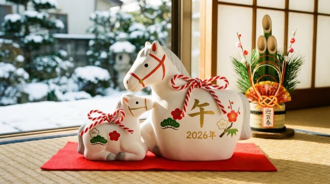 Horse Figures Window Display - Horse figures displayed indoors. Celebrating the new year, invoking themes of prosperity, tradition, serenity, and good fortune against a snowy landscape