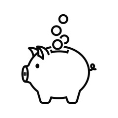 Piggy bank outline with coins falling in, representing saving, finance, and investment, isolated on