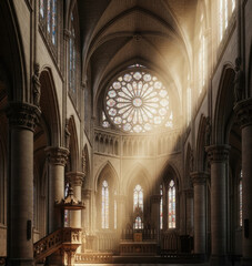Serene light beams through stained glass gothic cathedral interior isolated on transparent background