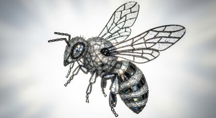 Obraz premium Intricate black and white illustration of a bee with detailed wings and body patterns, showcasing its delicate structure.