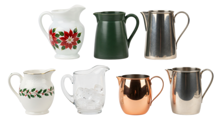 Seven pitchers and creamers, made from ceramic, glass, silver, and copper, displaying various designs and finishes, isolated on transparent background