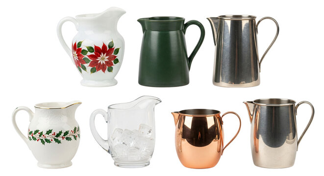 Seven pitchers and creamers, made from ceramic, glass, silver, and copper, displaying various designs and finishes, isolated on transparent background