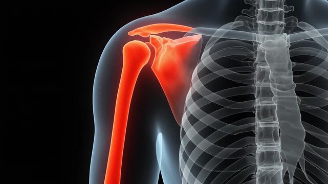 Medical visualization of the human shoulder, rib cage, and bones on a black backdrop.