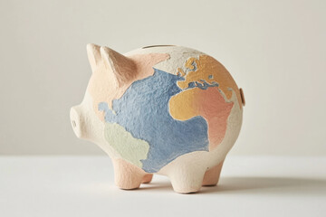 Piggy bank with a world map design representing global savings. unique piggy bank features a colorful world map, symbolizing worldwide financial concepts and investments.
