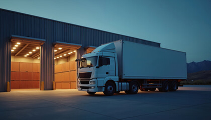 White semi-truck with trailer parks at modern industrial warehouse building. Two loading bays open, showing stacked cargo containers inside. Evening light. Global transport, logistics operations