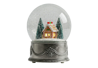perfectly spherical glass snow globe with a glowing gingerbread house, frosted pines, and sparkling falling snowflakes, sitting on a baroque antique silver base. Sophisticated holiday magic concept