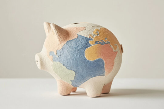 Piggy bank with a world map design representing global savings. unique piggy bank features a colorful world map, symbolizing worldwide financial concepts and investments.