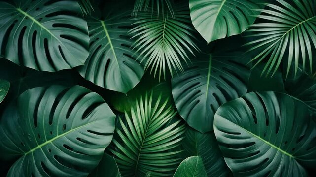 Lush foliage featuring monstera and palm fronds creates a dense botanical backdrop.
