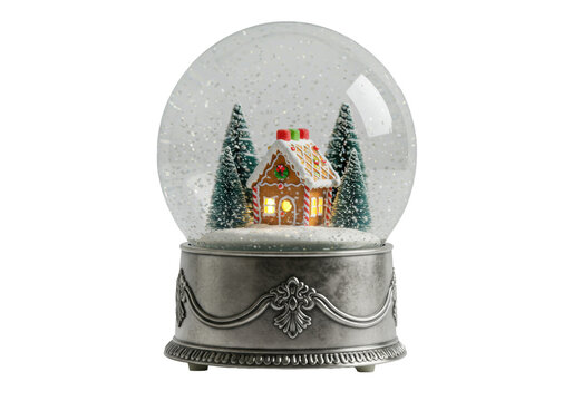 perfectly spherical glass snow globe with a glowing gingerbread house, frosted pines, and sparkling falling snowflakes, sitting on a baroque antique silver base. Sophisticated holiday magic concept - Powered by Adobe