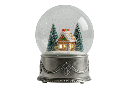 perfectly spherical glass snow globe with a glowing gingerbread house, frosted pines, and sparkling falling snowflakes, sitting on a baroque antique silver base. Sophisticated holiday magic concept