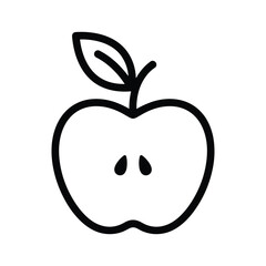 Black outline drawing of a halfcut apple with a stem and leaf, showing seeds, isolated on