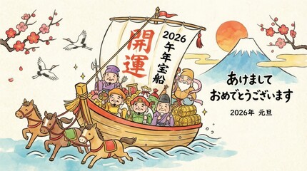 Obraz premium Japanese New Year Celebration 2026 - A colorful illustration of a Japanese New Year celebration in 2026 featuring a treasure ship pulled by horses