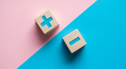 Plus and minus signs on wooden blocks symbolize opposites, choices, and decisionmaking process concept
