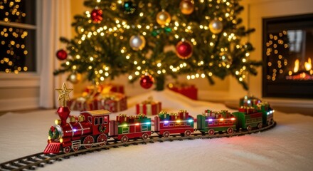 Christmas toy train with festive lights and gifts on snowy floor in cozy holiday living room