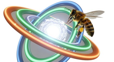 A vibrant image showcasing a bee hovering near a complex, colorful, and intertwined geometric design.