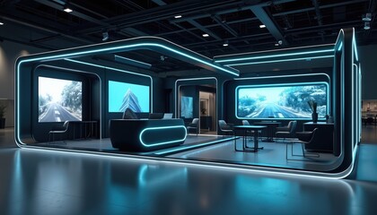 Futuristic exhibition stand with blue neon lights at tradeshow. Modern commercial booth in convention hall with large screens. Empty expo pavilion designed for business presentation, corporate event