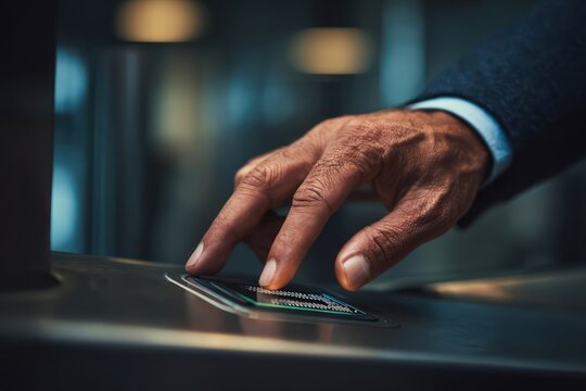 Businessman Uses Biometric Fingerprint Scanner