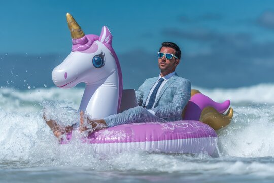 Surreal Remote Work Scene Executive on Inflatable