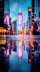 Obraz premium A low-angle view of a wet city street reflecting colorful neon lights and skyscrapers at dusk.