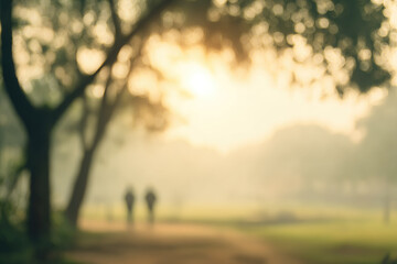 Defocused people walking in park with soft morning mist, blurred trees and sunlight create peaceful, tranquil atmosphere, perfect for relaxation and nature appreciation