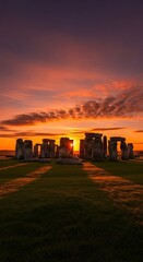A photograph showcases a historical monument silhouetted against a radiant sunset. The sky displays hues of orange, red, and purple