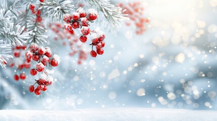 Vibrant evergreen branches with red berries against a bright snowy backdrop in winter light